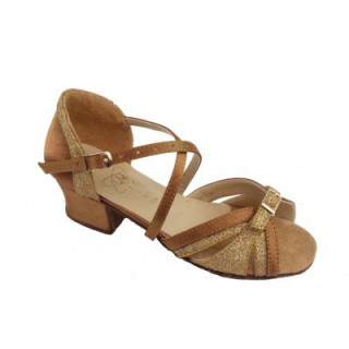 Туфлі для танців дитячі на блок-каблуку 21р натуральна шкіра + парча