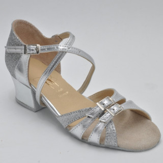 Туфлі для танців сріблясті дитячі на блок-каблуку 26-40 р. Взуття з регуляторами повноти для дівчаток.