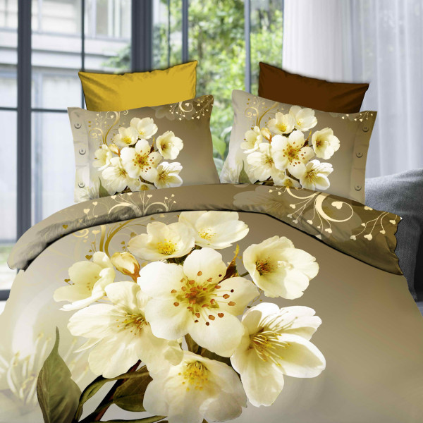 Постільна білизна 3D євророзміру бежева з квітами Постільна білизна 3D євророзміру бежева з квітами