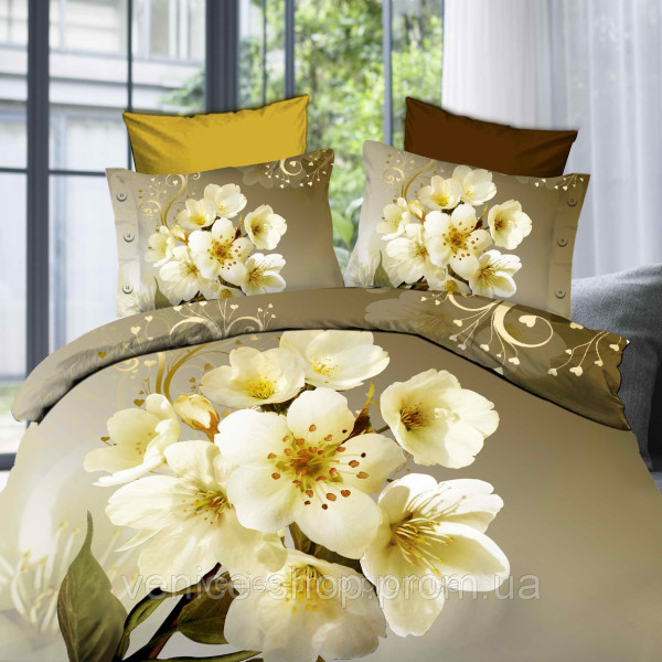 Постільна білизна 3D євророзміру бежева з квітами Постільна білизна 3D євророзміру бежева з квітами