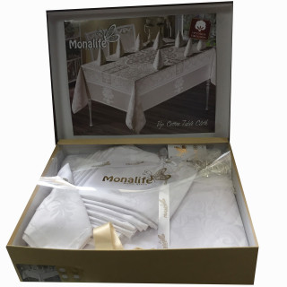 Ошатна білосніжна скатертина в подарунковому пакованні із серветками, кільцями з камінням Swarovski