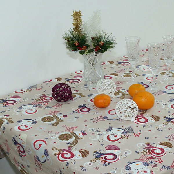 Скатертина Новорічна Сніговик бежева Скатертина Новорічна Сніговик бежева