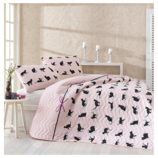 Покрывало стеганное с наволочкой Eponj Home - Cats пудра 160*220
