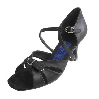 Туфлі для танців жіночі Латина натуральна сатин шкіра чорні з регулятором повноти.